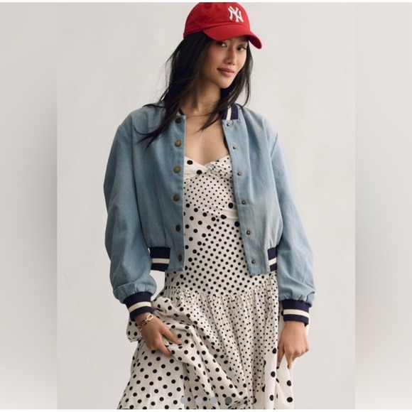 Dolan Denim Varsity Bomber DenimJacket Ruched Sleeve Cotton Vintagecore XS - Picture 4 of 10